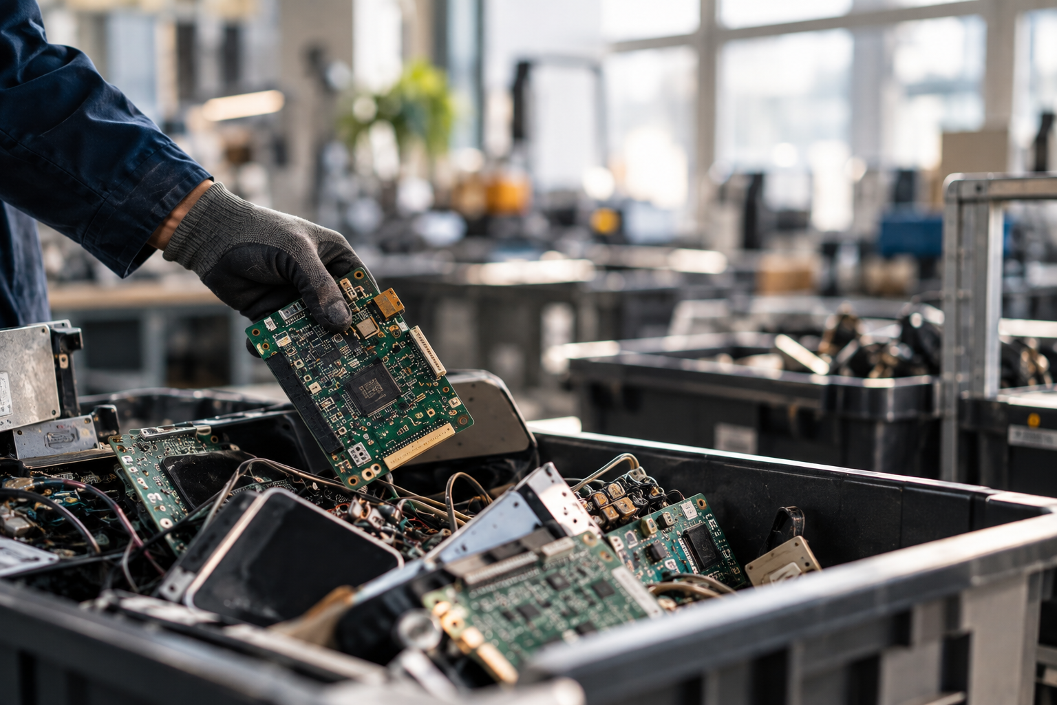 A gloved worker sorting circuit boards and electronic components for responsible recovery.