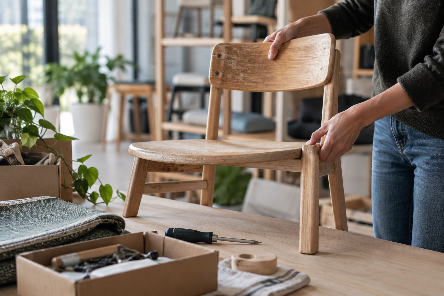A person repairing a wooden chair at a worktable.